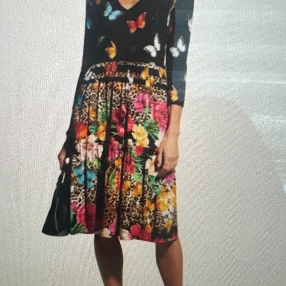 Johnny Was Sandra Multicolor Butterflies Floral Tiered V-Neck Dress 3/4 Sleeve - Picture 1 of 9